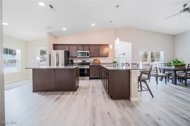 kitchen featuring hanging light fixtures, appliances with stainless steel finishes, sink, and light hardwood / wood-style floors