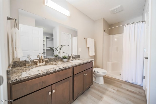 bathroom with hardwood / wood-style flooring, vanity, toilet, and curtained shower