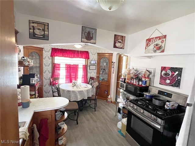 kitchen featuring wood-type flooring and gas stove