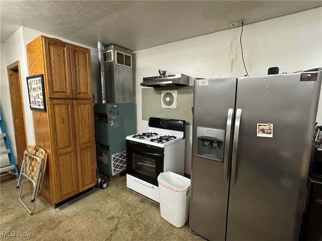 3438 Warren Meadville Rd, Cortland, OH 44410 - kitchen featuring stainless steel refrigerator with ice dispenser, white gas range oven, exhaust hood, light colored carpet, and brown cabinetry