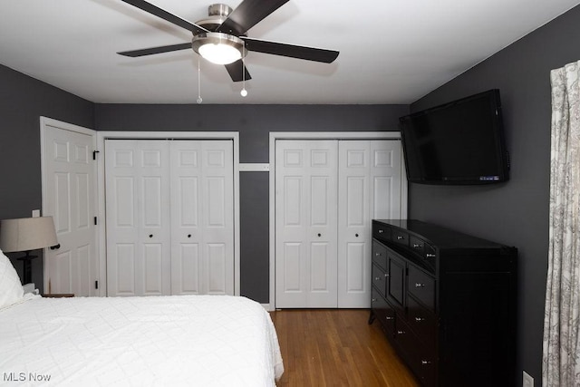 bedroom featuring dark hardwood / wood-style floors, two closets, and ceiling fan