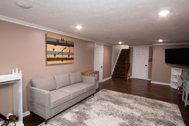 living room with crown molding, dark wood-type flooring, and a textured ceiling