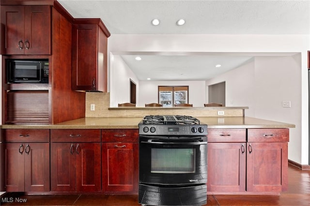 kitchen with black appliances, decorative backsplash, kitchen peninsula, light stone countertops, and dark wood-type flooring