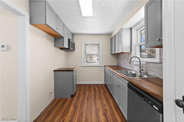 kitchen with dishwasher, sink, gray cabinetry, and wood counters