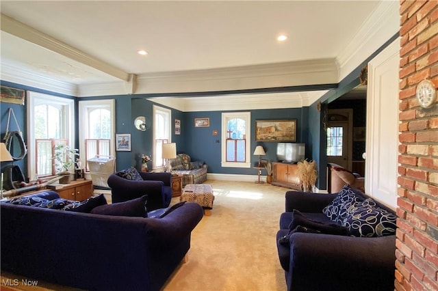 carpeted living room with ornamental molding