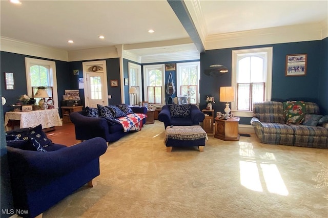 living room featuring ornamental molding, carpet floors, and beam ceiling