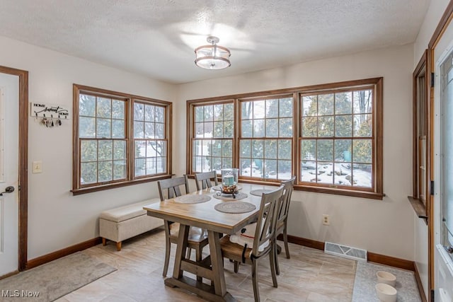 dining area with light tile patterned flooring, a wealth of natural light, and a textured ceiling