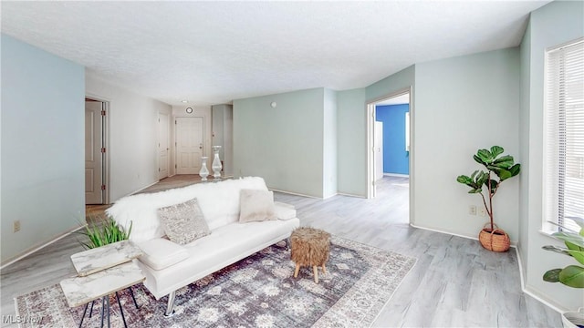 living room featuring light hardwood / wood-style floors and a textured ceiling