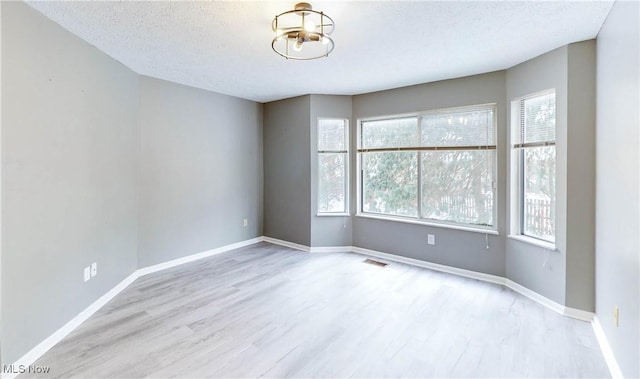 spare room with light hardwood / wood-style floors and a textured ceiling