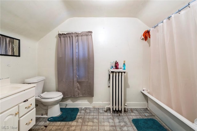 1011 Genesee Dr, Youngstown, OH 44511 - full bathroom featuring toilet, shower / tub combo, vaulted ceiling, radiator heating unit, and vanity