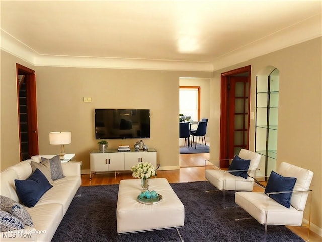 living room featuring wood-type flooring and crown molding