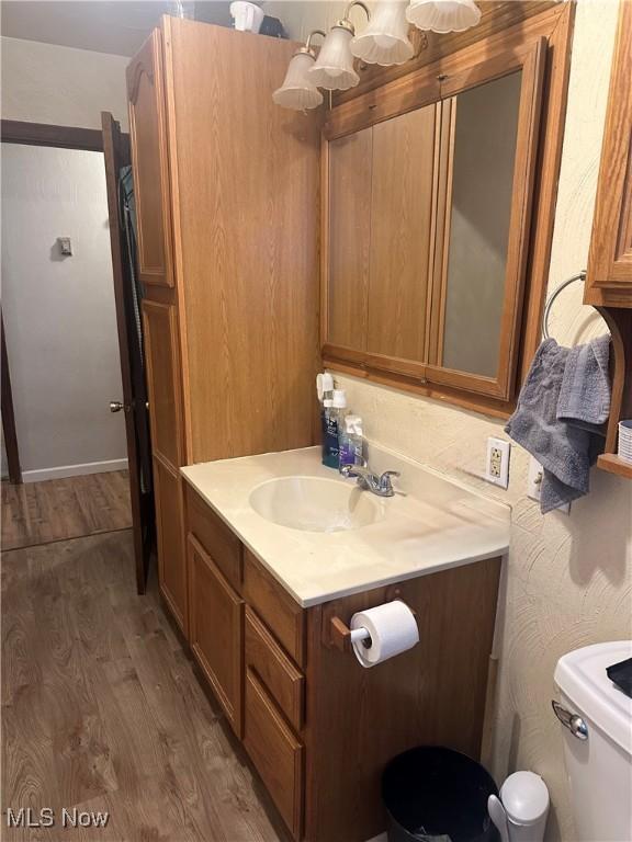 bathroom featuring vanity, hardwood / wood-style floors, and toilet