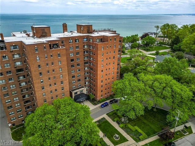 drone / aerial view with a water view