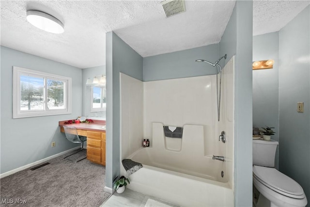 full bathroom with shower / bathtub combination, vanity, toilet, and a textured ceiling