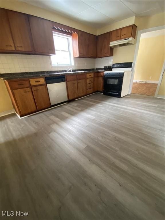 kitchen featuring dishwasher, stove, and light hardwood / wood-style floors