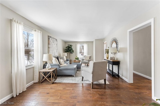 living room with hardwood / wood-style floors and a healthy amount of sunlight