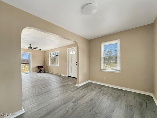 entrance foyer with hardwood / wood-style flooring and ceiling fan