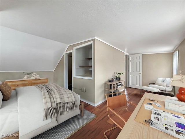 bedroom featuring lofted ceiling and dark wood-type flooring