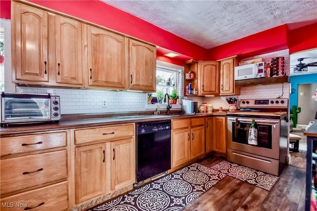 kitchen with sink, stainless steel range with electric cooktop, a textured ceiling, black dishwasher, and light hardwood / wood-style floors