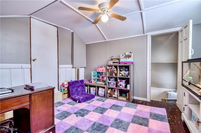 office with vaulted ceiling and ceiling fan