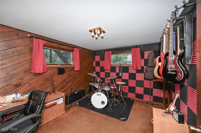 interior space with a healthy amount of sunlight, carpet flooring, and wood walls