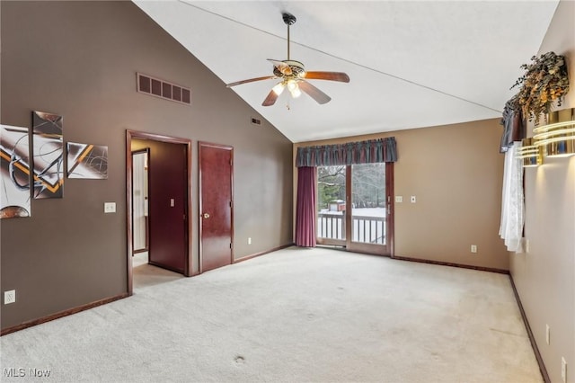 interior space featuring ceiling fan and high vaulted ceiling