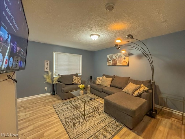 living room with hardwood / wood-style flooring and a textured ceiling