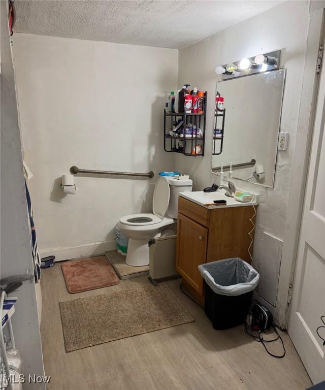 bathroom featuring vanity, hardwood / wood-style floors, a textured ceiling, and toilet