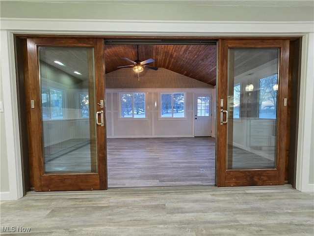 doorway to outside featuring lofted ceiling and light hardwood / wood-style floors