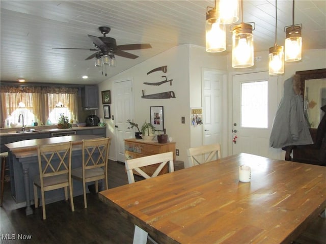 dining space featuring lofted ceiling, a healthy amount of sunlight, dark hardwood / wood-style flooring, and sink