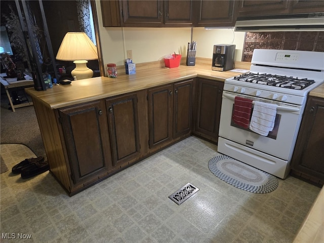 kitchen with dark brown cabinets, white gas stove, and backsplash