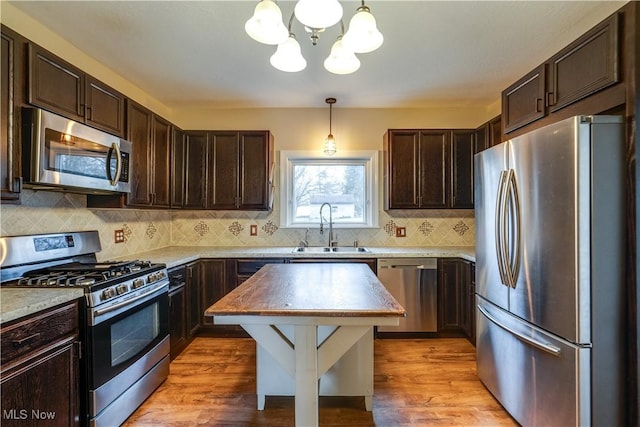 kitchen featuring dark brown cabinetry, appliances with stainless steel finishes, decorative light fixtures, and sink