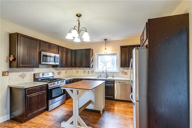 kitchen with sink, decorative light fixtures, dark brown cabinets, and stainless steel appliances