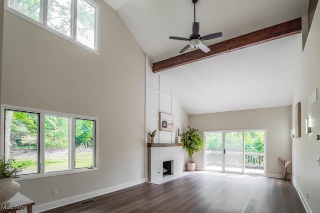 unfurnished living room featuring high vaulted ceiling, dark wood-type flooring, and beam ceiling