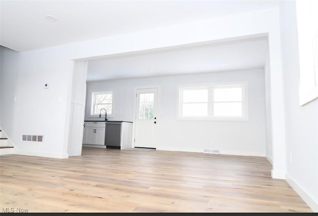 unfurnished living room featuring sink and light hardwood / wood-style flooring