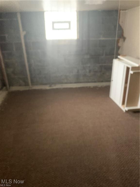 basement with dark carpet