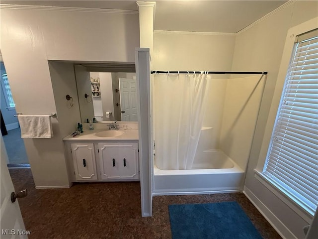 bathroom with vanity, shower / bath combo, and crown molding