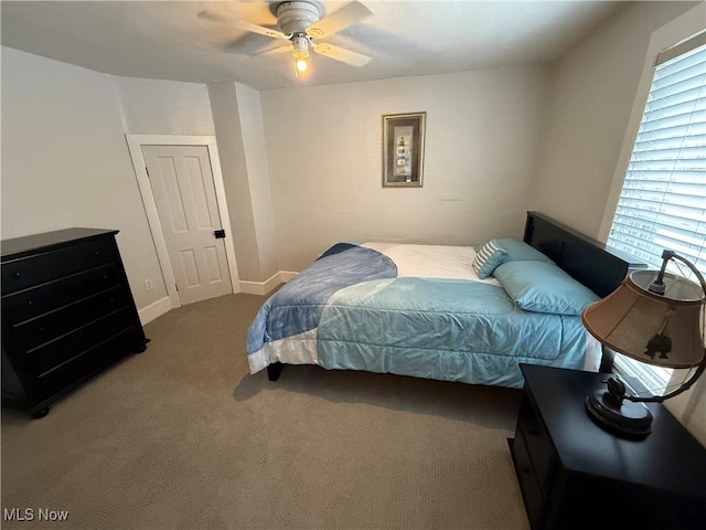 bedroom with multiple windows, carpet, and ceiling fan