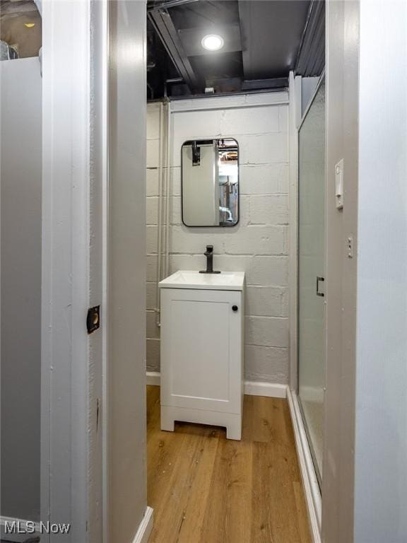 bathroom featuring vanity and hardwood / wood-style floors