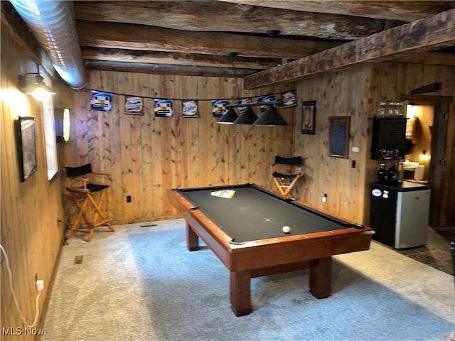 recreation room featuring pool table, wooden walls, beamed ceiling, and carpet