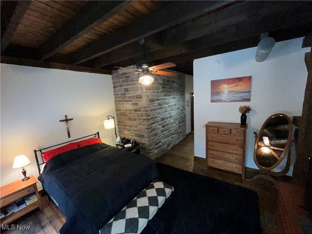 bedroom featuring wood ceiling, ceiling fan, beam ceiling, and dark wood-type flooring