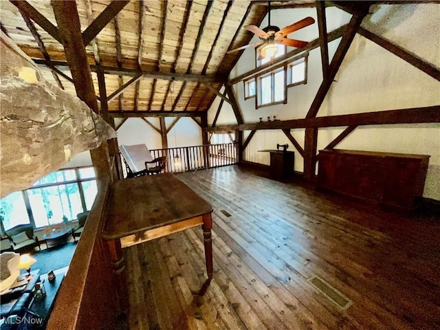 bonus room featuring lofted ceiling with beams, plenty of natural light, hardwood / wood-style flooring, and wooden ceiling