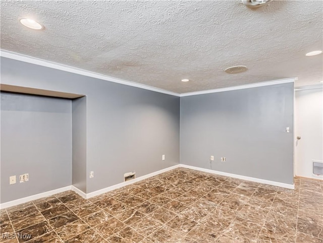 basement with crown molding and a textured ceiling