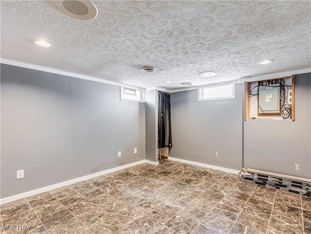 basement with a textured ceiling