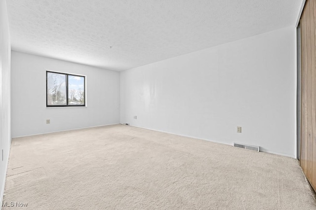 unfurnished room with light colored carpet and a textured ceiling