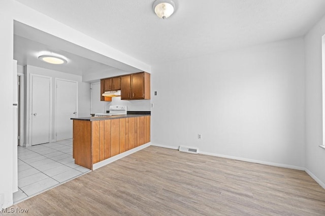 kitchen with electric range oven, light hardwood / wood-style floors, and kitchen peninsula