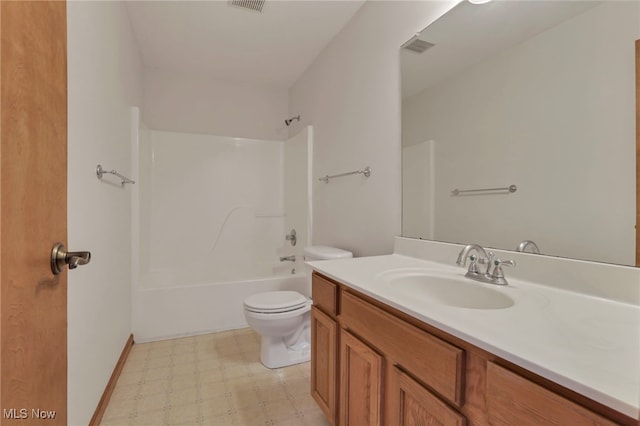 full bathroom featuring vanity, toilet, and washtub / shower combination