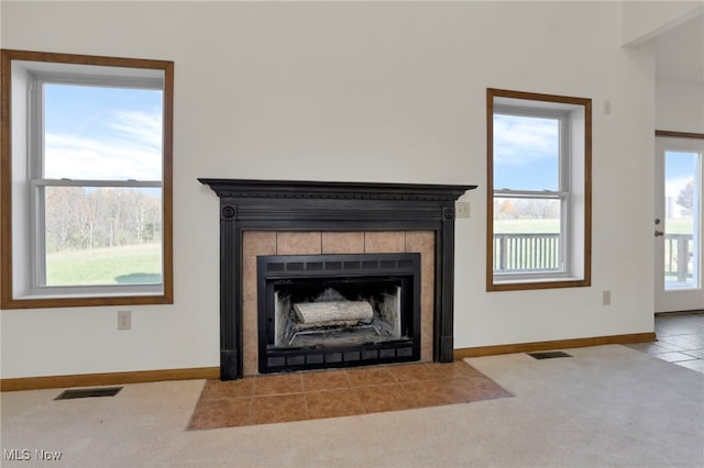 room details with a tiled fireplace and carpet