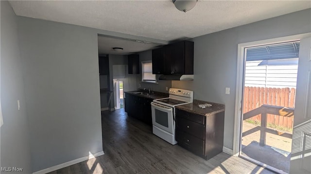 kitchen featuring sink, electric range, exhaust hood, and a textured ceiling