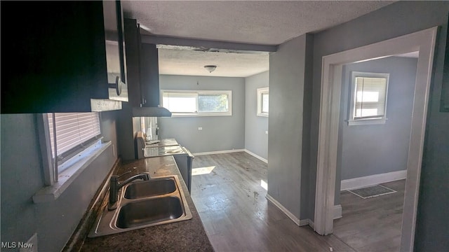 kitchen with wood-type flooring, sink, a textured ceiling, and stove